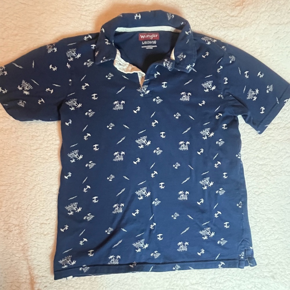 Wrangler Polo Shirt Boys Blue Tropical Palm Tree Collared Beach Cotton Large - Picture 2 of 6